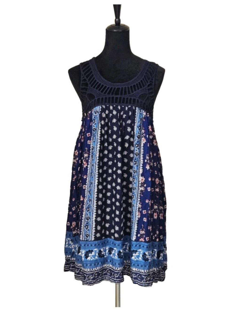 Entro Navy & Light Blue Floral Crochet-Back Boho Dress